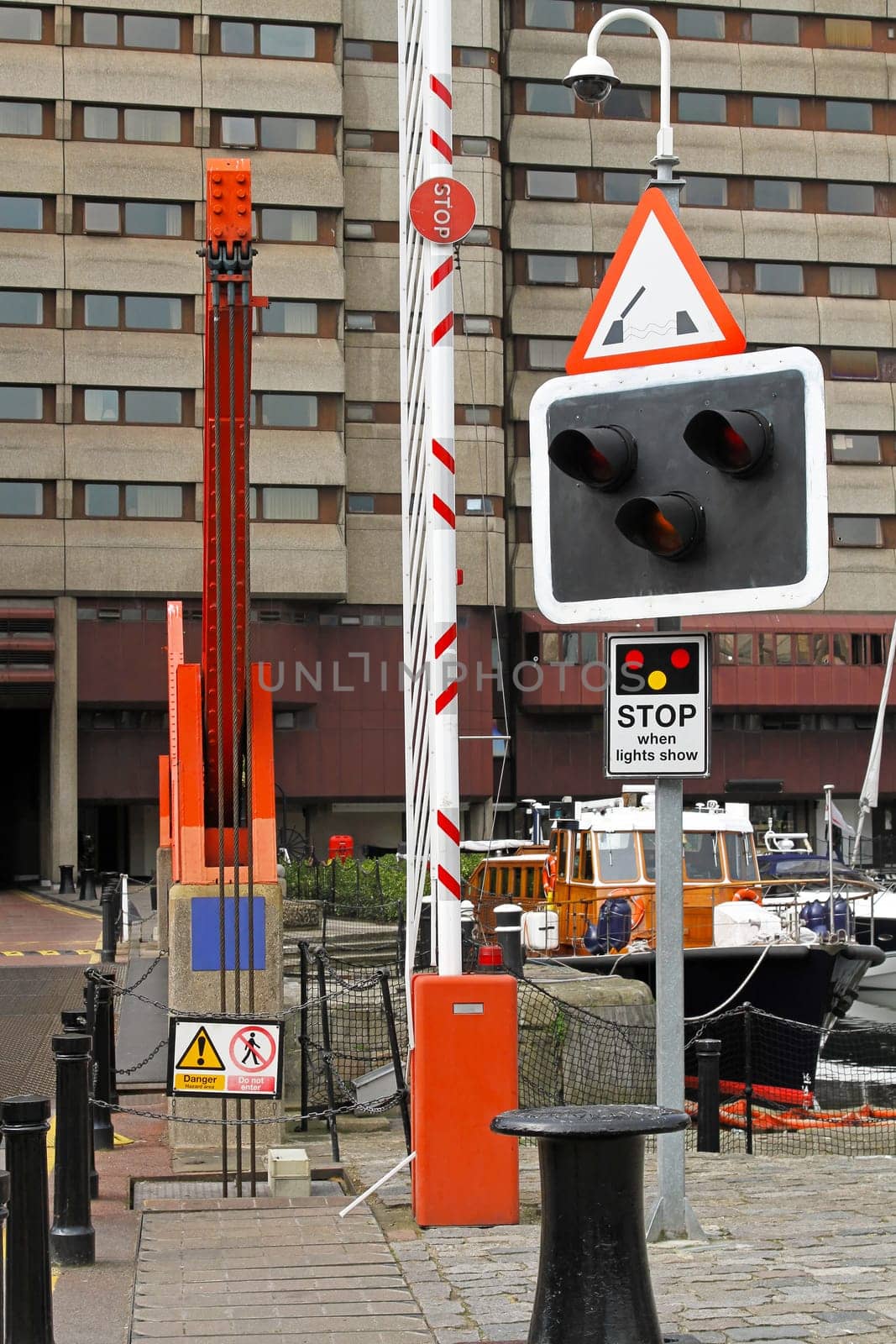 Moveable bridge sign lights and barrier ramp
