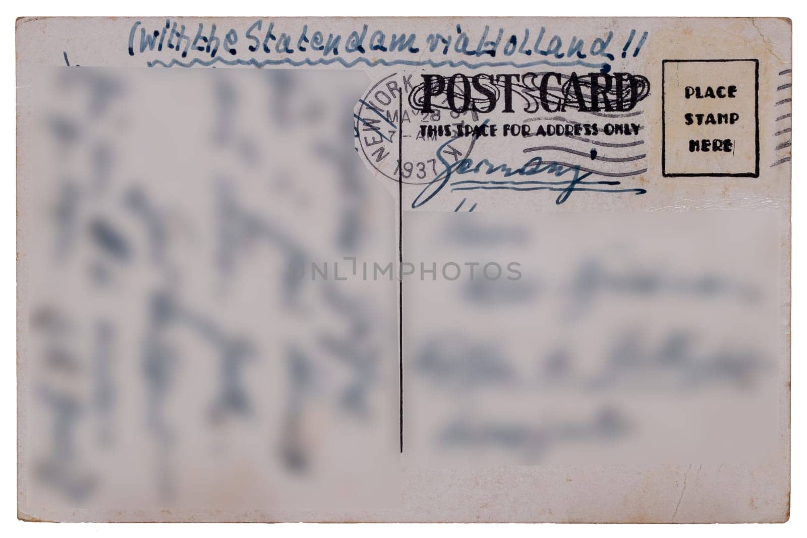 Postcard vintage. Reverse of postcard of Rockefeller Center in NYC, postmarked of MAY 28, 1937, which was sent with the Twin Screw Turbine Steamer TSS STATENDAM via Rotterdam to Germany.