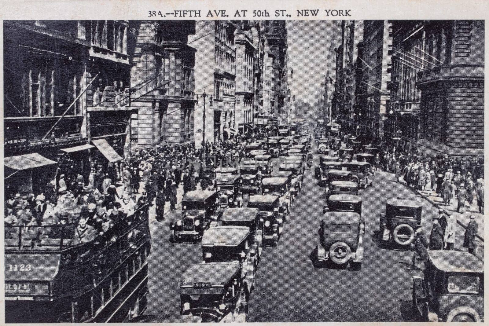 Postcard vintage. Black white postcard of 5th Street in New York from 1938, which was sent to Germany with a postmark date of April 14, 1938. Macro. See the back.