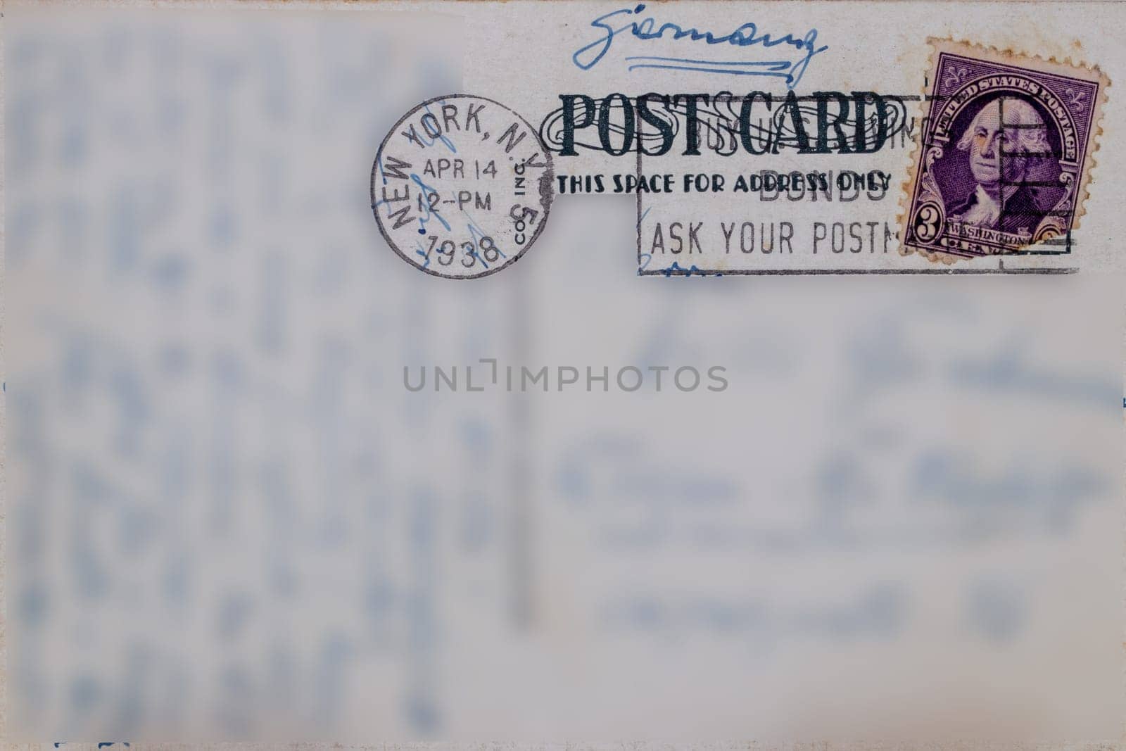 Postcard vintage. Reverse of postcard of 5th Street in New York, postmarked of April 14, 1938 with a U.s. postage stamp 3 cents george washington mailed to Germany. Macro.