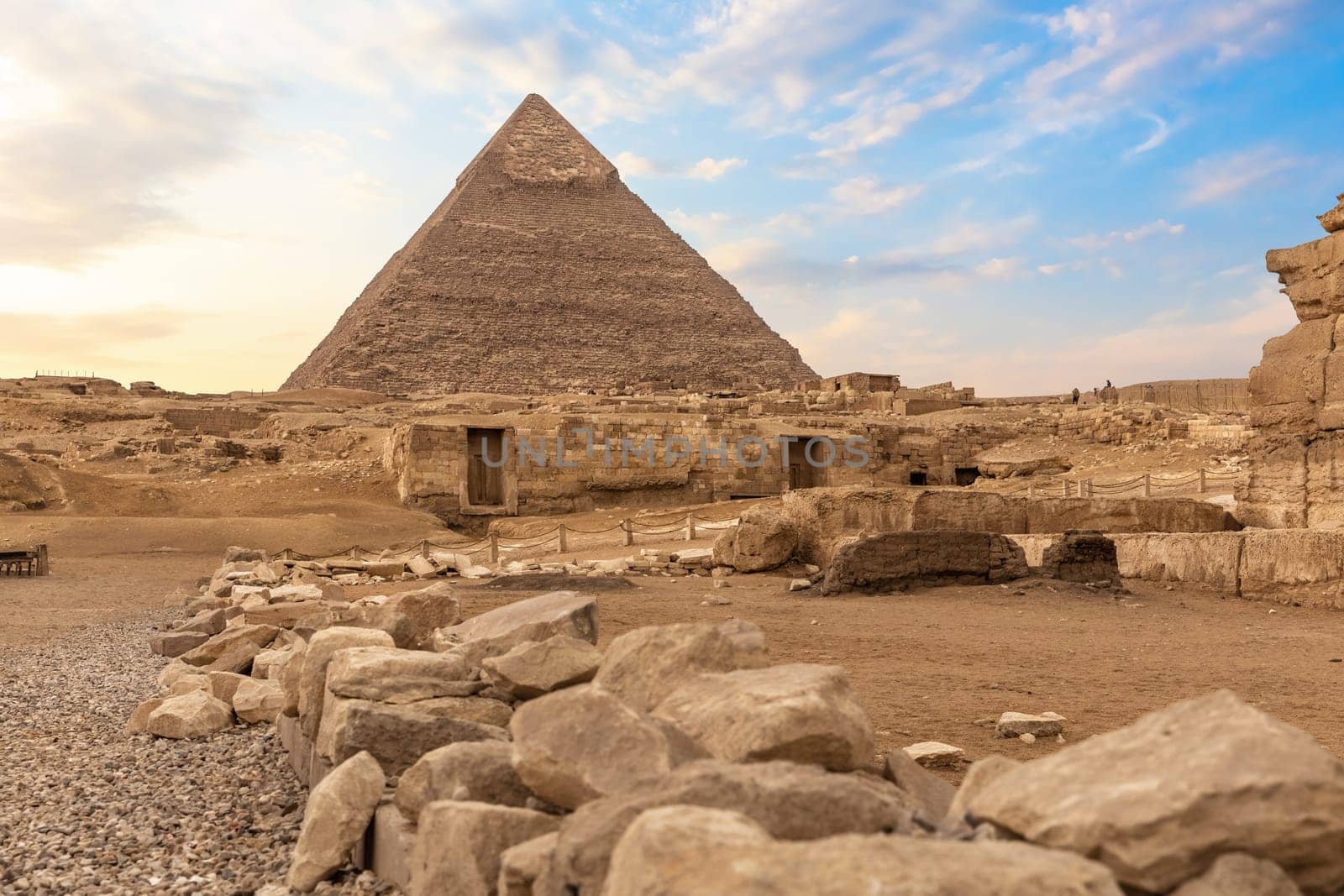 Ruins of ancient Giza and the Pyramid of Chephren, Egypt.
