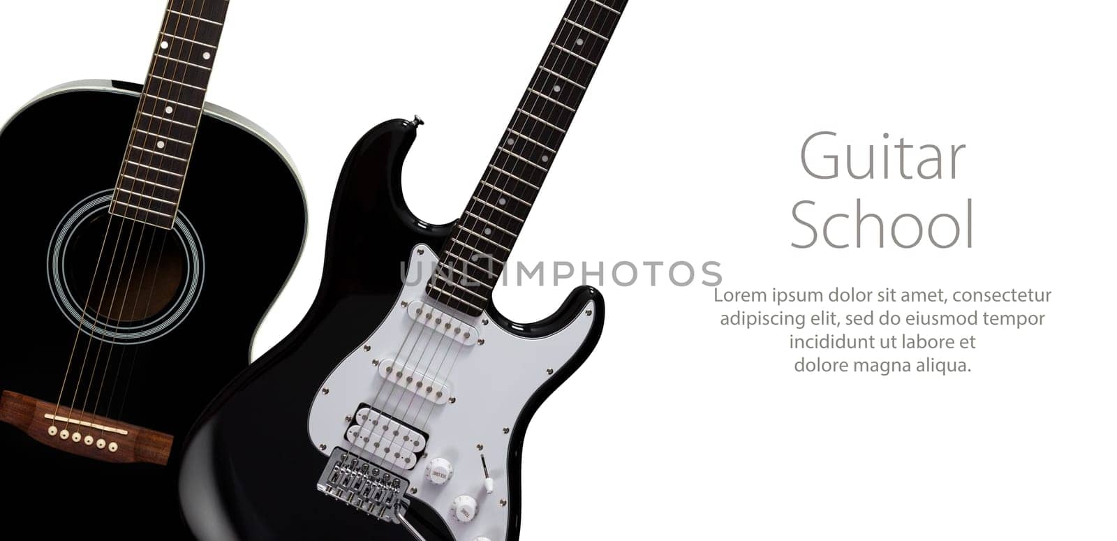 Black acoustic and electric guitars on a black background. Template design with sample text