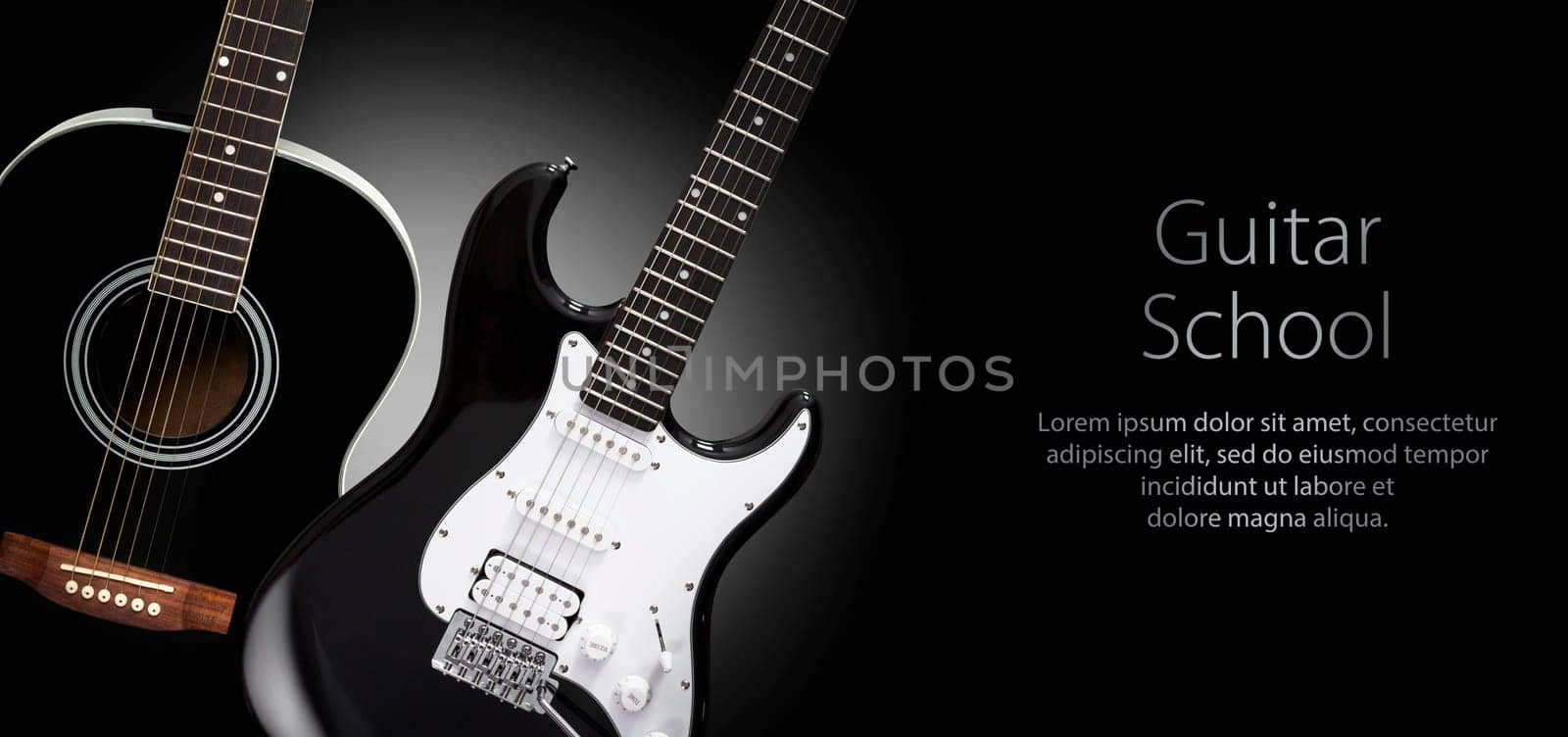 Black acoustic and electric guitars on a black background. Template design with sample text