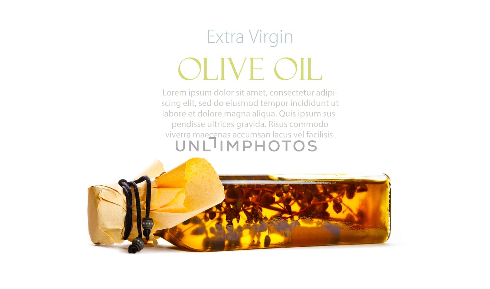 Olive oil in a bottle with fragrant herbs. Template design with sample text