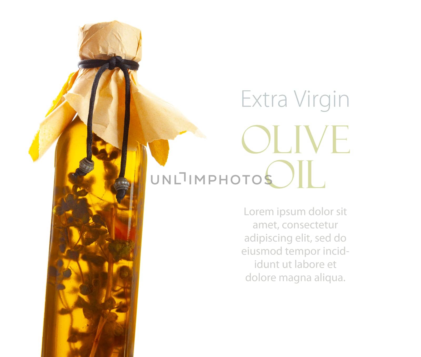 Olive oil in a bottle with fragrant herbs. Template design with sample text