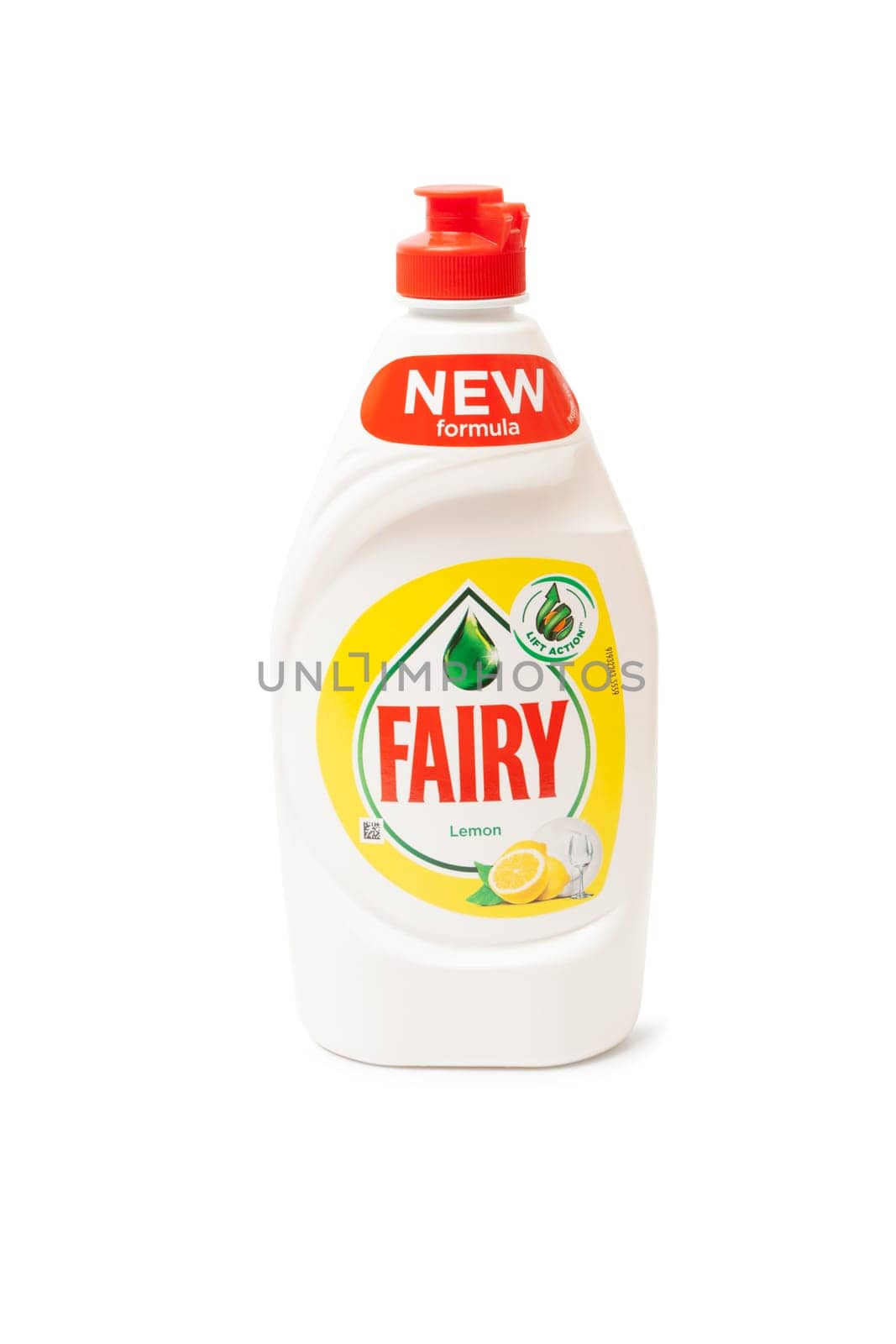 Chisinau, Moldova - July 23, 2019: A bottle of lemon Fairy washing-up liquid. Fairy brand is owned by Procter & Gamble. Isolated on white background