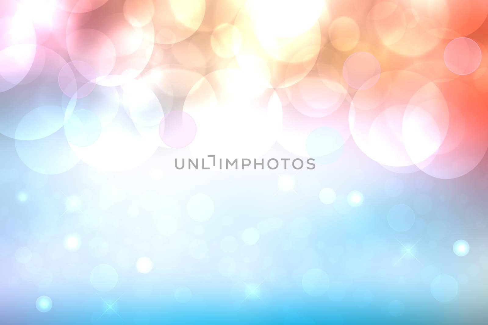 A festive abstract blue yellow pink gradient background texture with glitter defocused sparkle bokeh circles. Card concept for Happy New Year, party invitation, valentine or other holidays.
