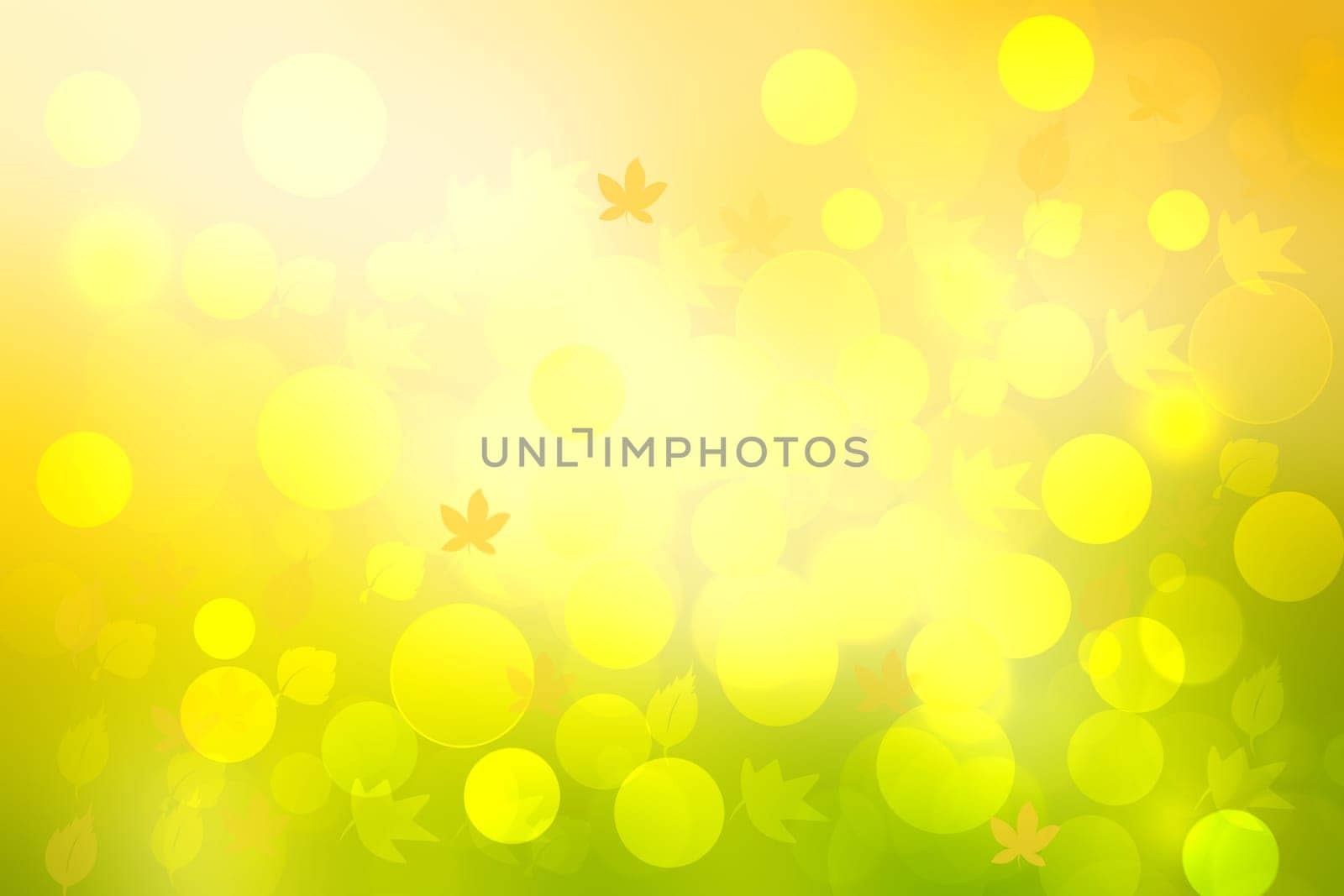 Autumn background. Abstract festive autumn gradient golden yellow green pastel bright background texture with leaves and sunshine. Indian summer. Space for your design. Beautiful backdrop.