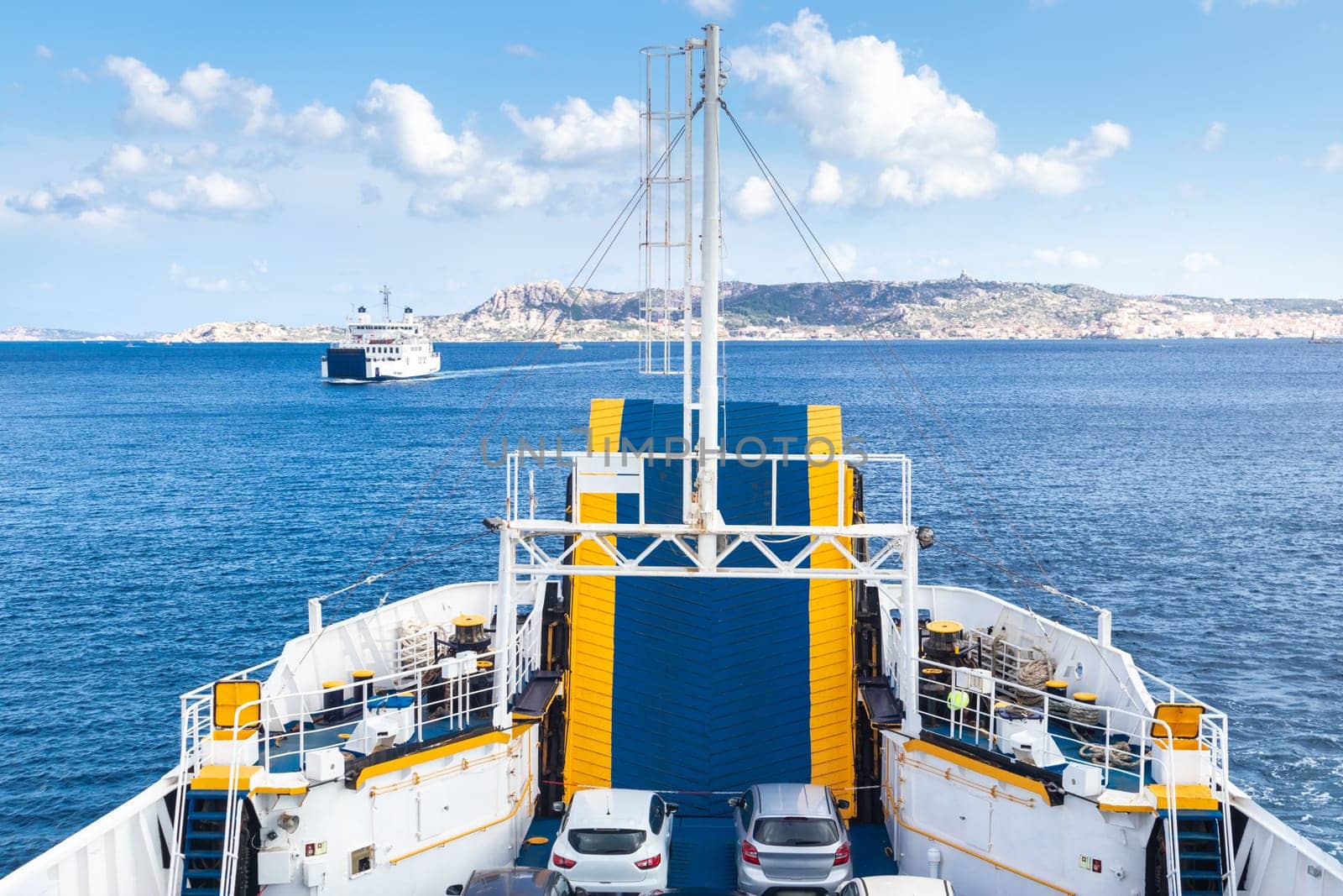 Ferry boat ship sailing between Palau and La Maddalena town, Sardinia island, Italy.