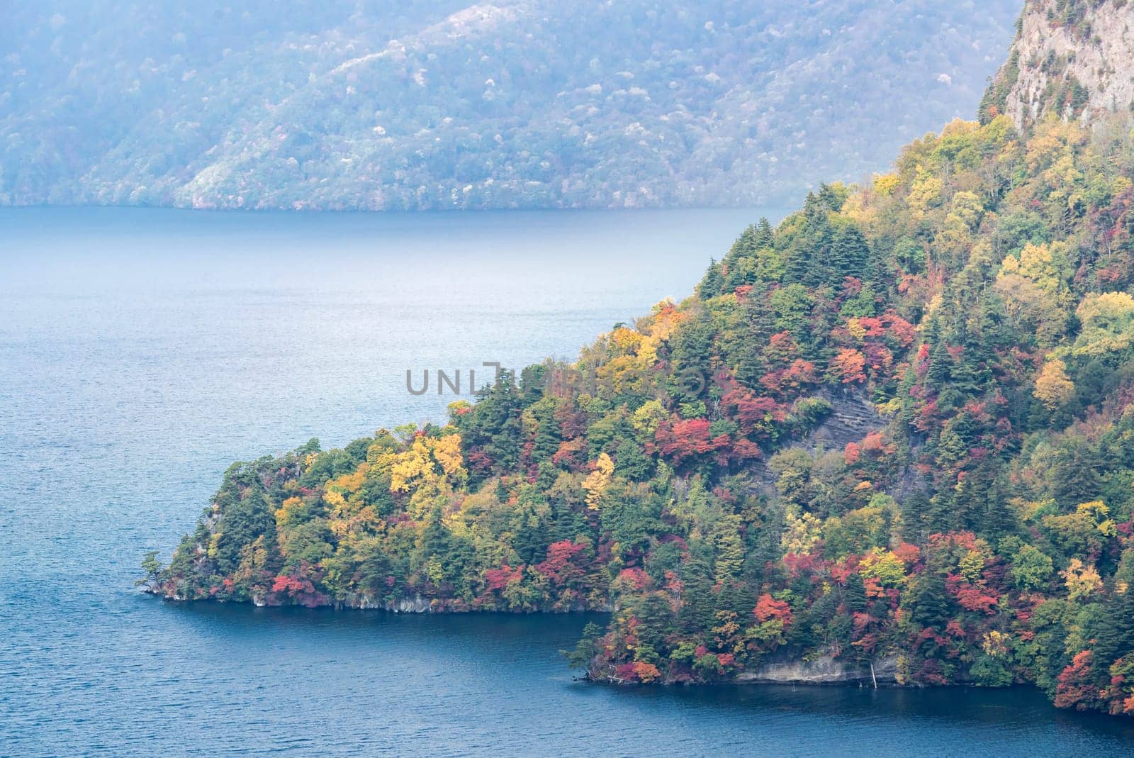aerial view of Autumn fall mountain with Lake towada in Aomori Tohoku Japan
