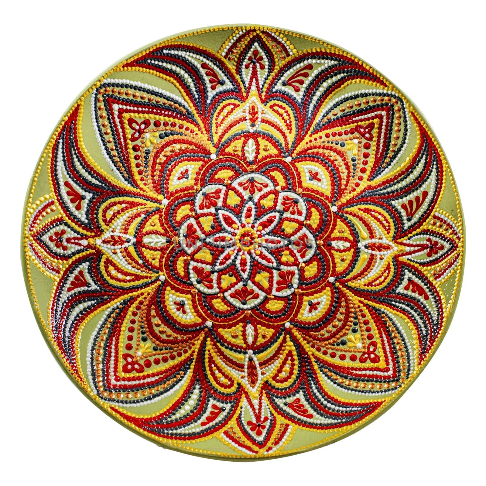 Set of decorative ceramic dishes hand-painted with acrylic paints floral pattern isolated on white background.