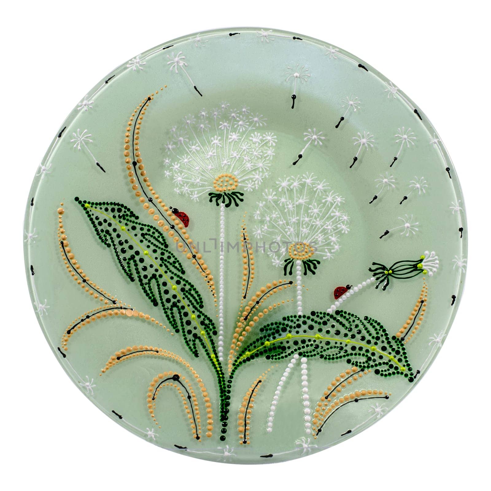 Set of decorative ceramic dishes hand-painted with acrylic paints floral pattern isolated on white background.