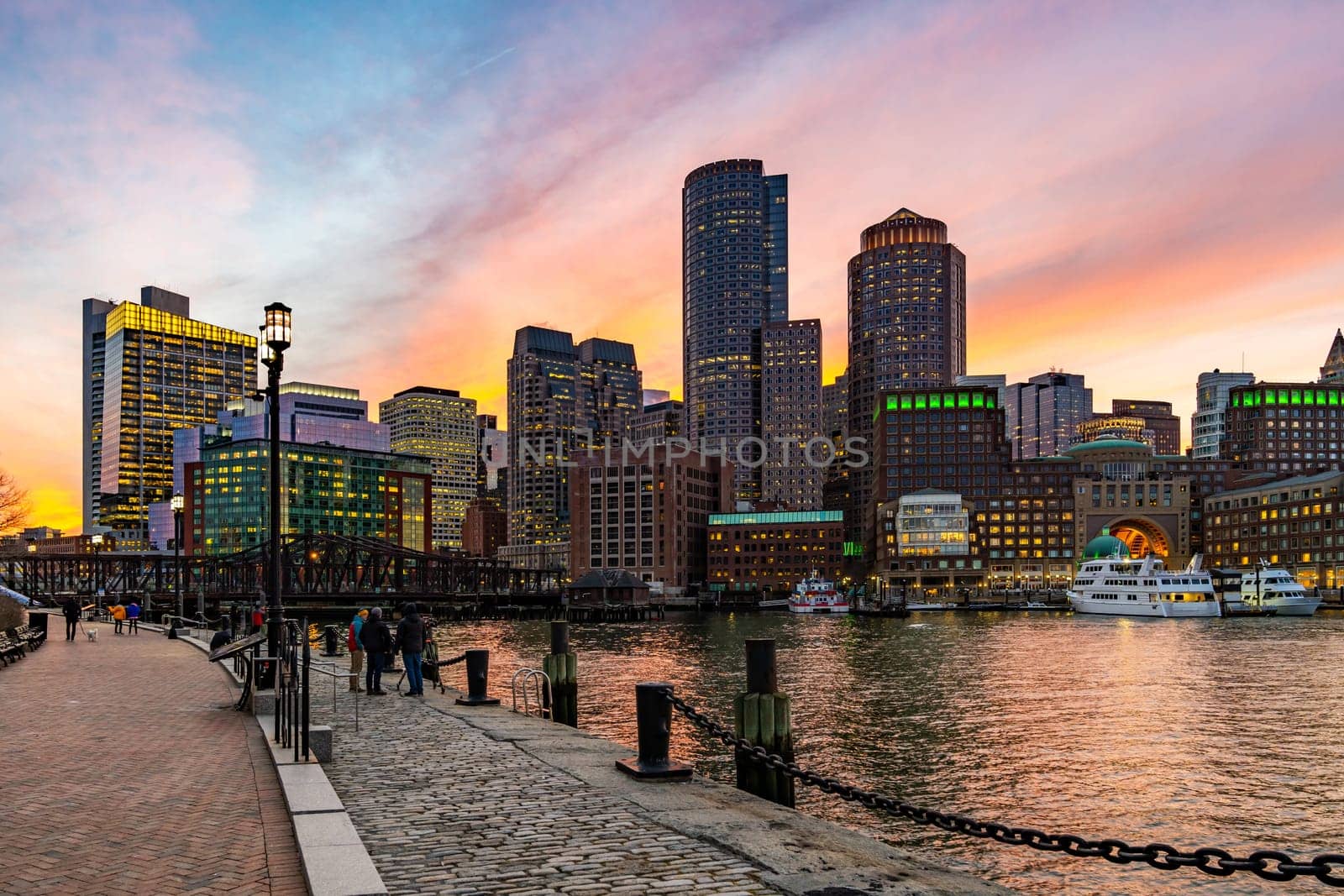 Boston Downtown skylines building cityscape sunset at Boston city, MA, USA.