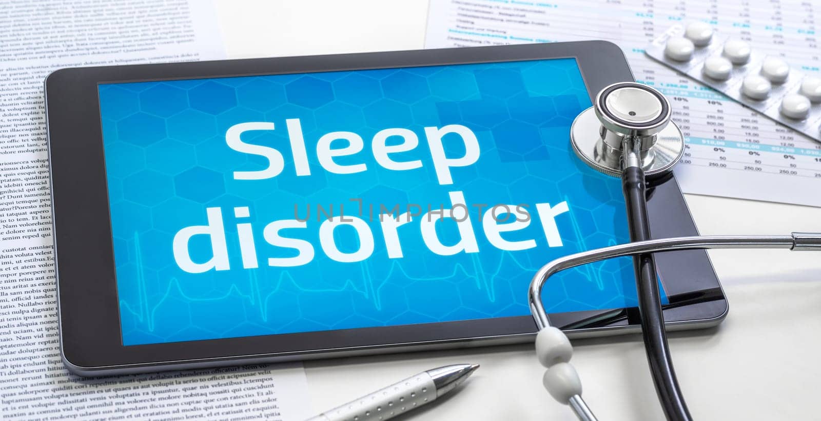 The word Sleep disorder on the display of a tablet