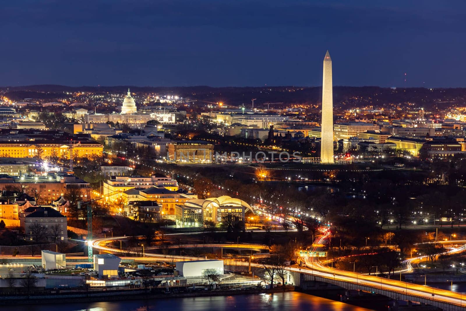 Aerial view of Washington DC cityscape from Arlington Virginia USA.