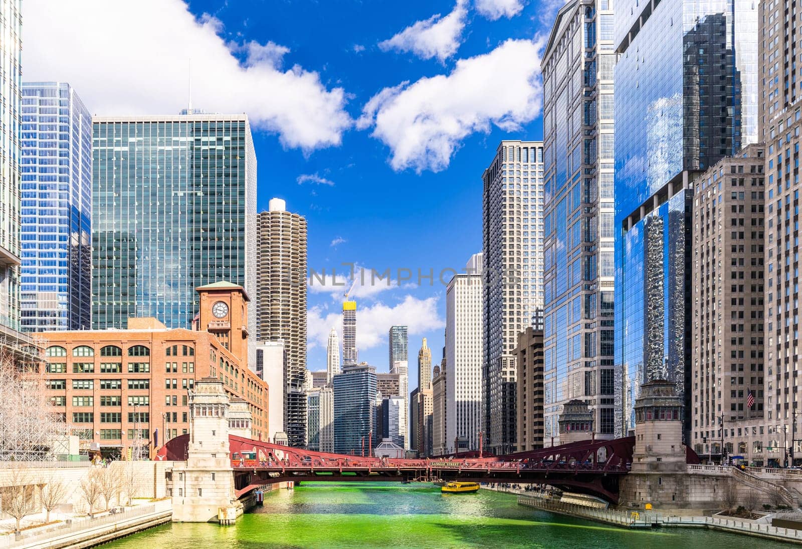 Chicago Skylines building along green dyeing river of Chicago River on St. Patrick day festival in Chicago Downtown IL USA