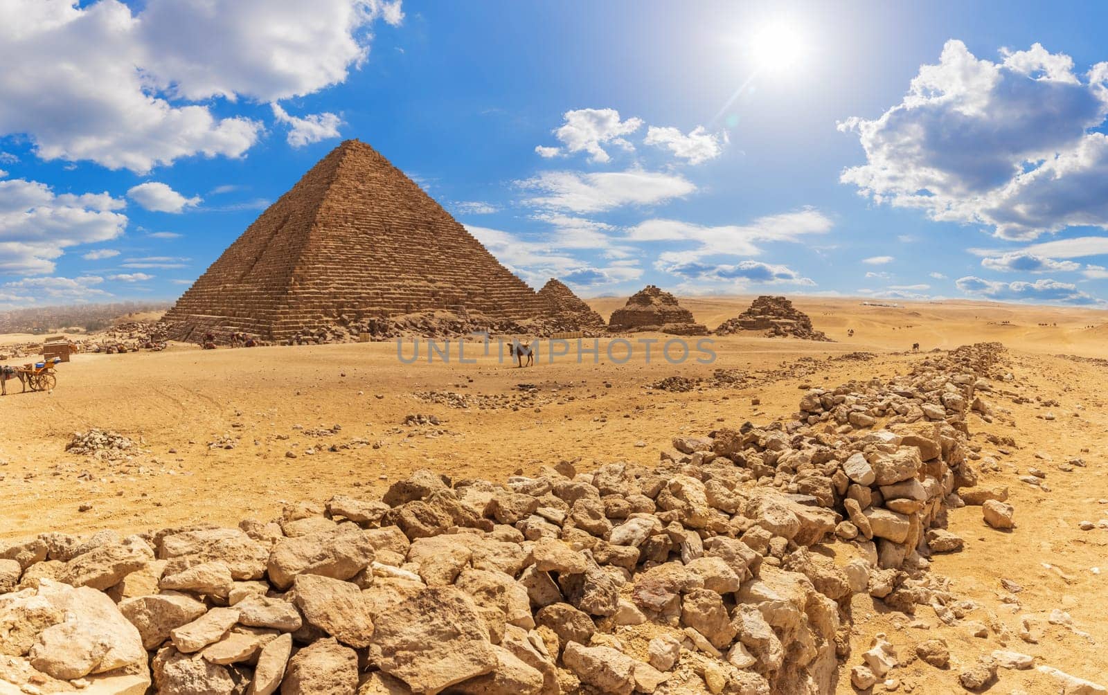 The Pyramid of Menkaure and the rocks in the desert of Giza, Egypt.