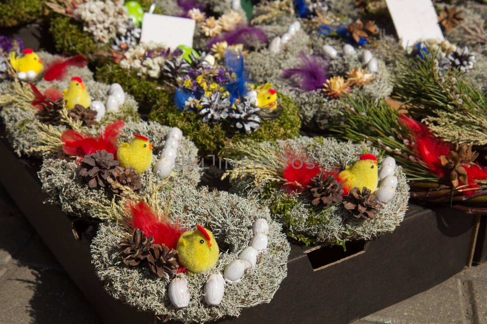Easter market in Europe. Handmade Easter decorations on market