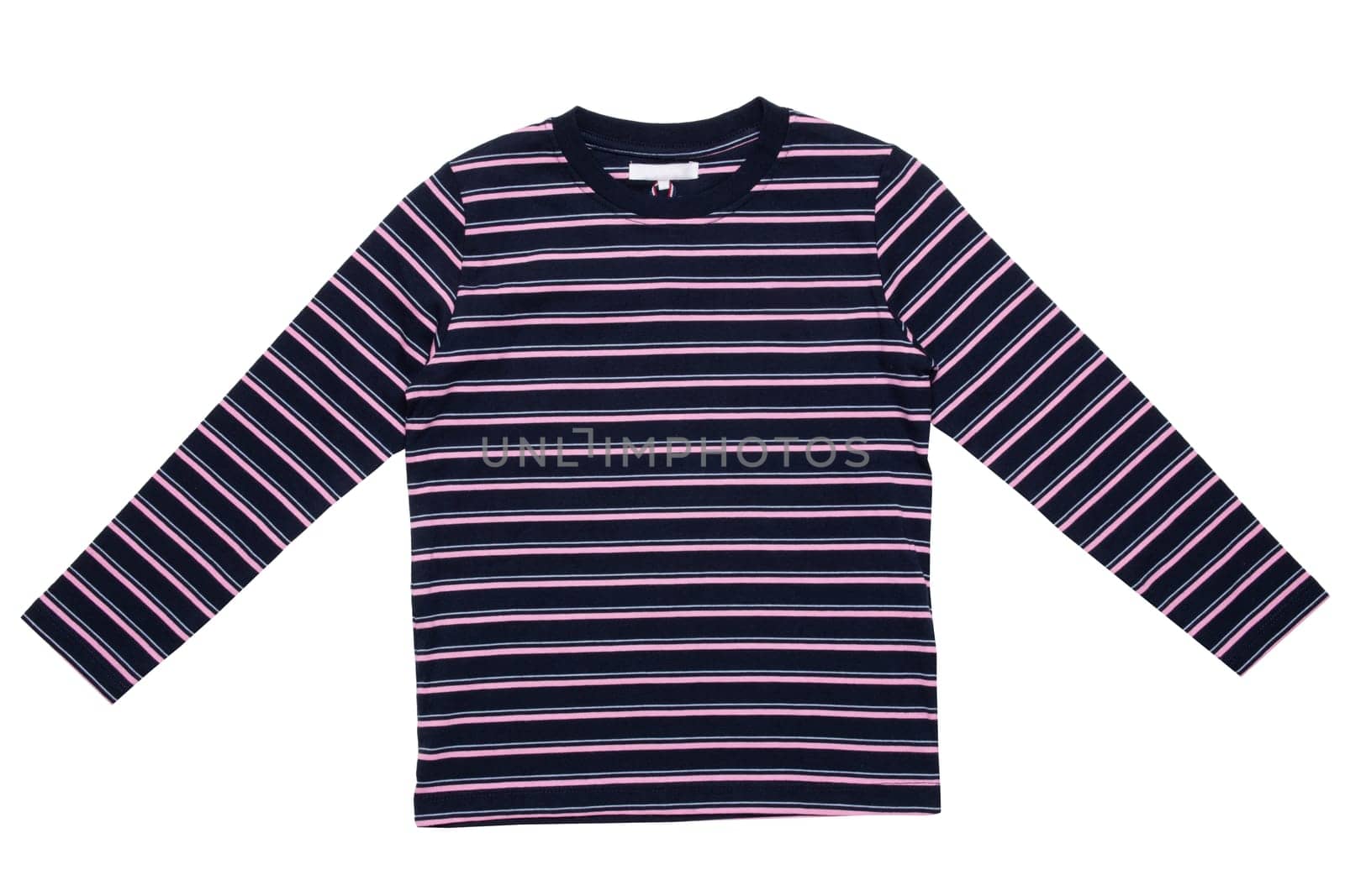 Striped shirt. Closeup of a black pink striped t-shirt with long sleeves isolated on a white background. Unisex summer fashion children.