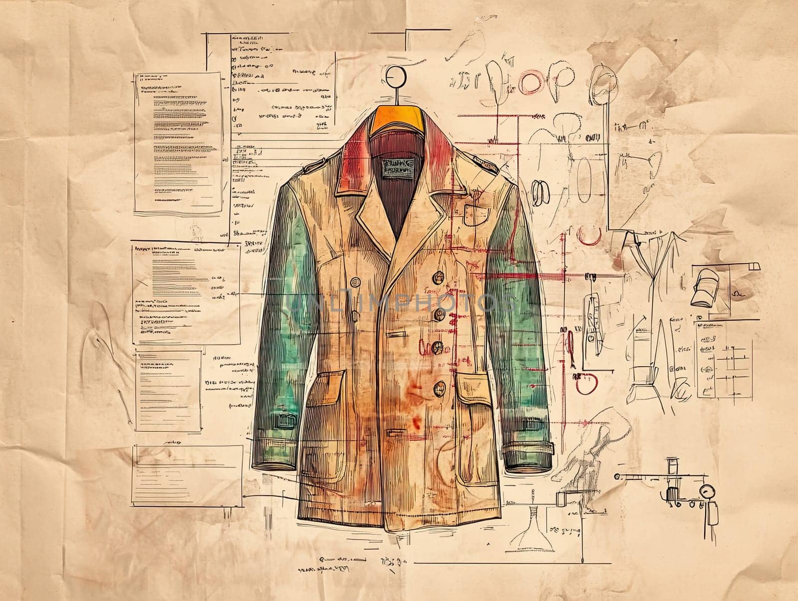 This infographic outlines the design elements of a tailored coat, including color choices and construction details. Technical drawings and notes accompany the visual design for reference.