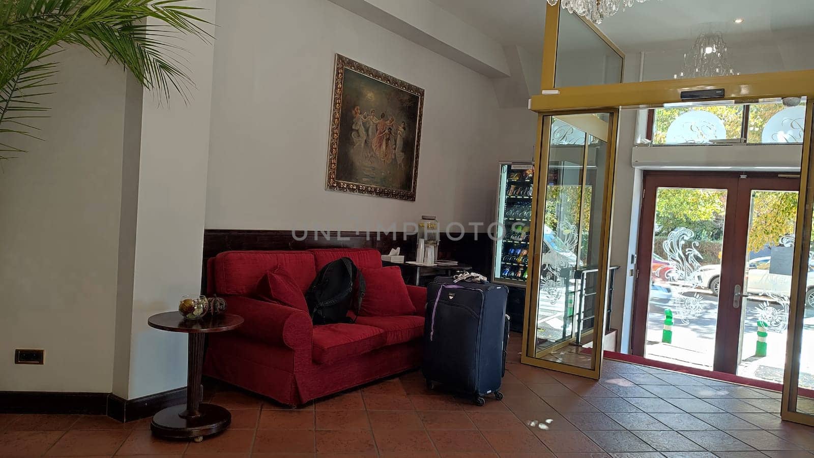 October 15 2024 Prague Czech Republic Europe Lobby red sofa hotel apartment wooden indoor house interior design . High quality photo