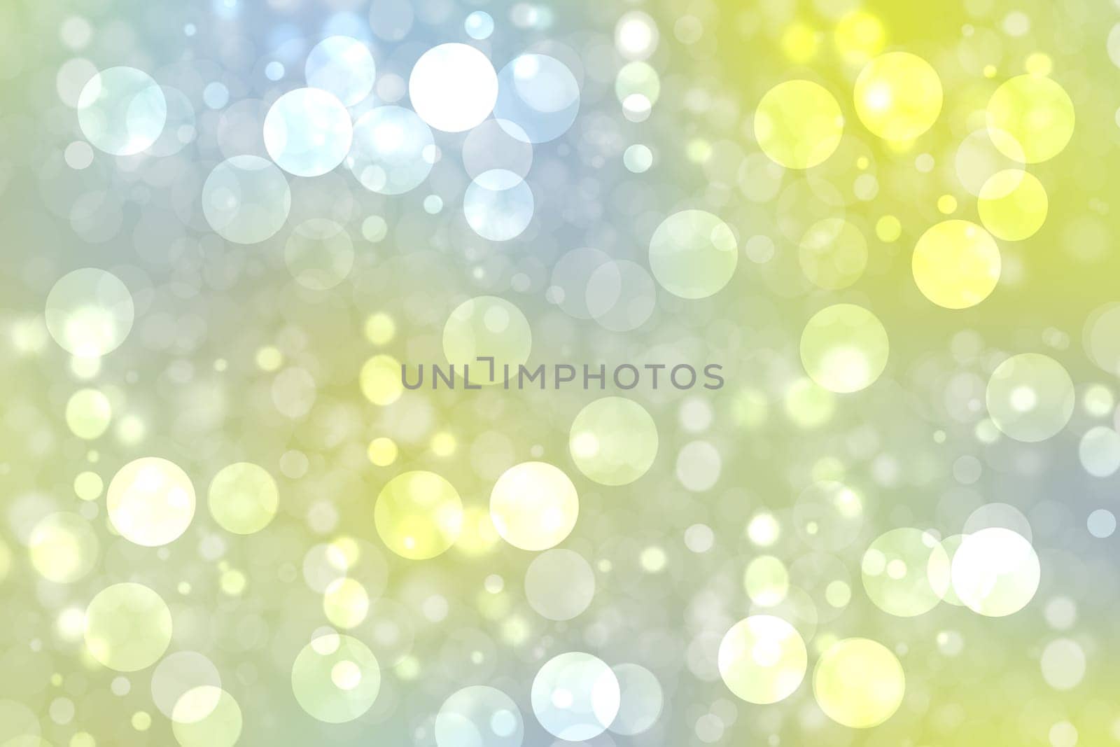 Abstract festive light blue silver yellow bokeh background texture with colorful circles and bokeh lights. Beautiful backdrop with space.