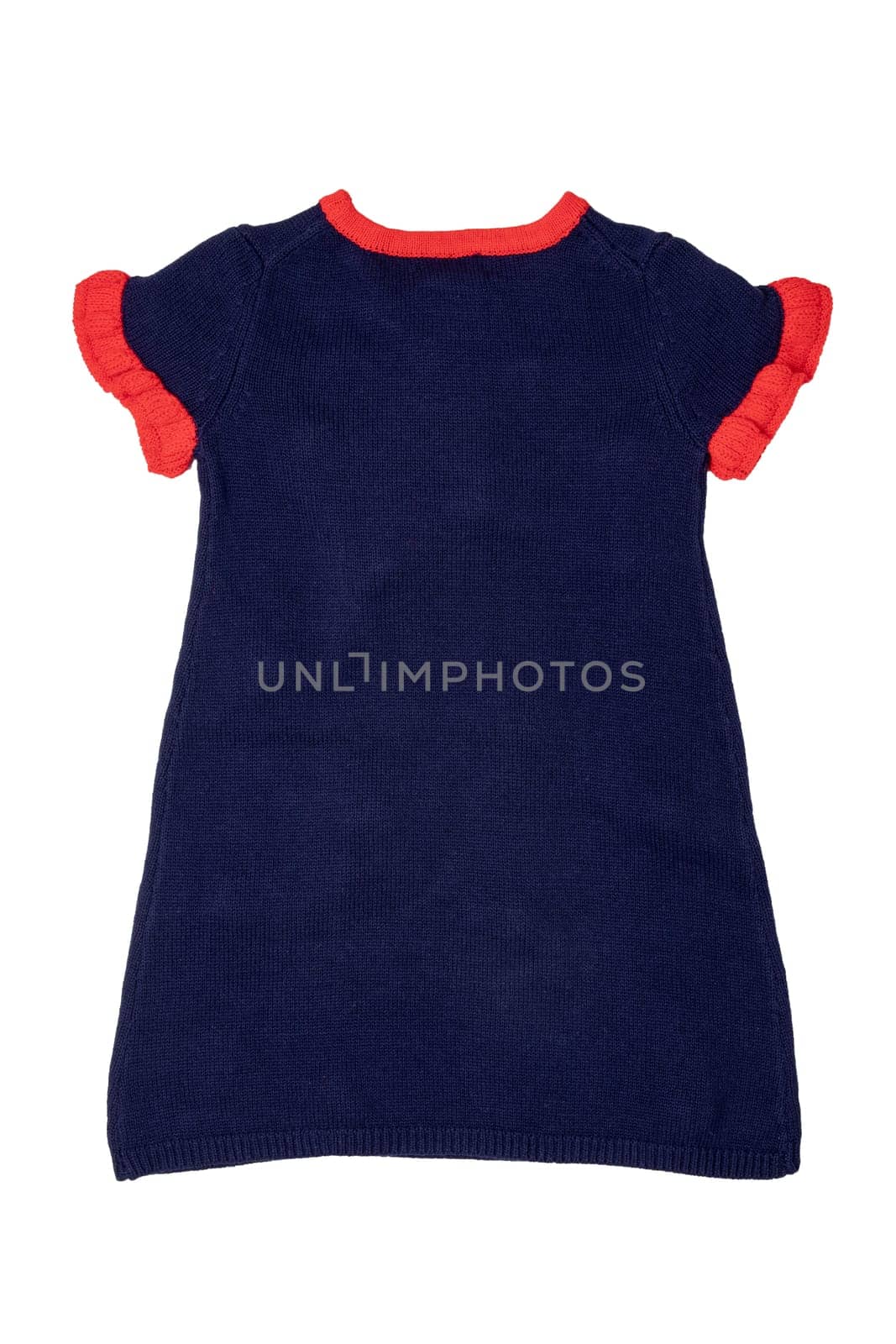 Clothes for children. A beautiful blue sleeveless dress with red collar, ruffles and with fluffy fabric balls isolated on a white background. Little girl autumn and spring fashion. Back side.