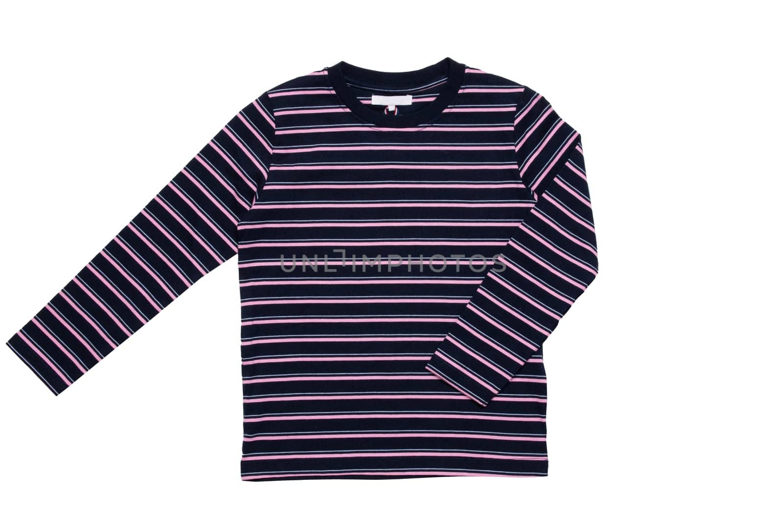 Striped shirt. Closeup of a black pink striped t-shirt with long sleeves isolated on a white background. Unisex summer fashion children.