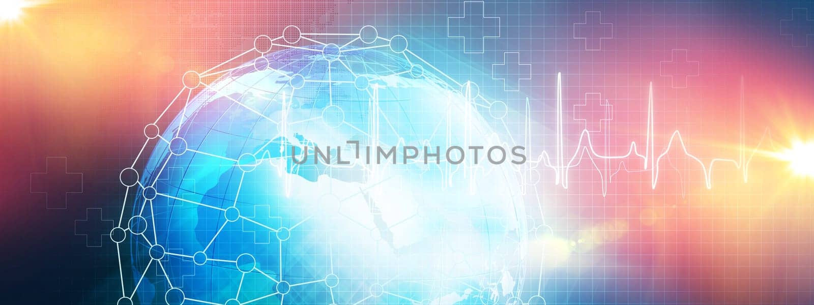 Medical Abstract Background, Suitable for Healthcare and Medical News Topics. Illustration of Networking Health care Concept. Template, Communication, Business and Web Design, Plus Symbols