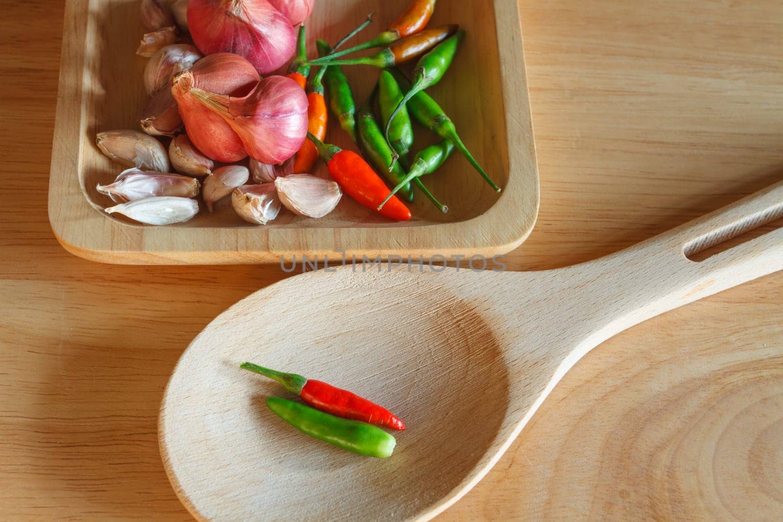 onion garlics and chilli for cooking on wood