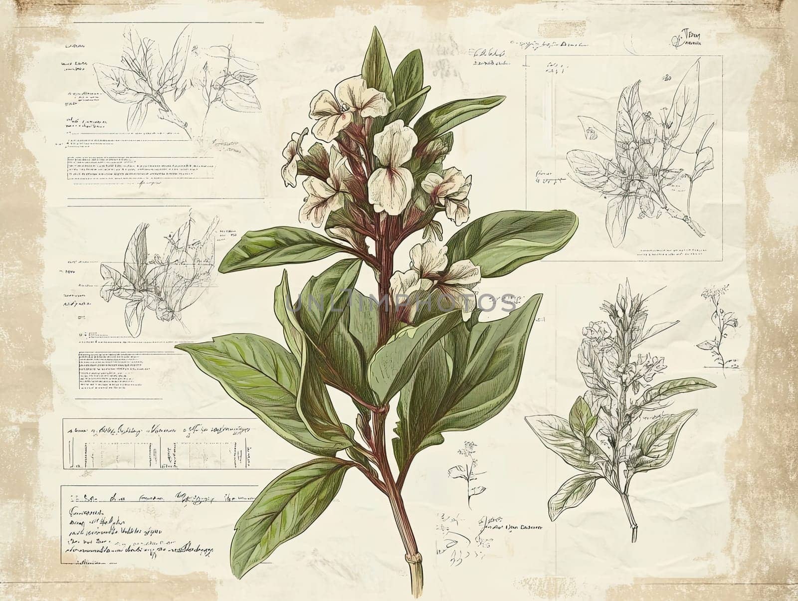 A well-crafted botanical infographic displays detailed sketches of flowering plants along with handwritten scientific notes and annotations from a historic manuscript.