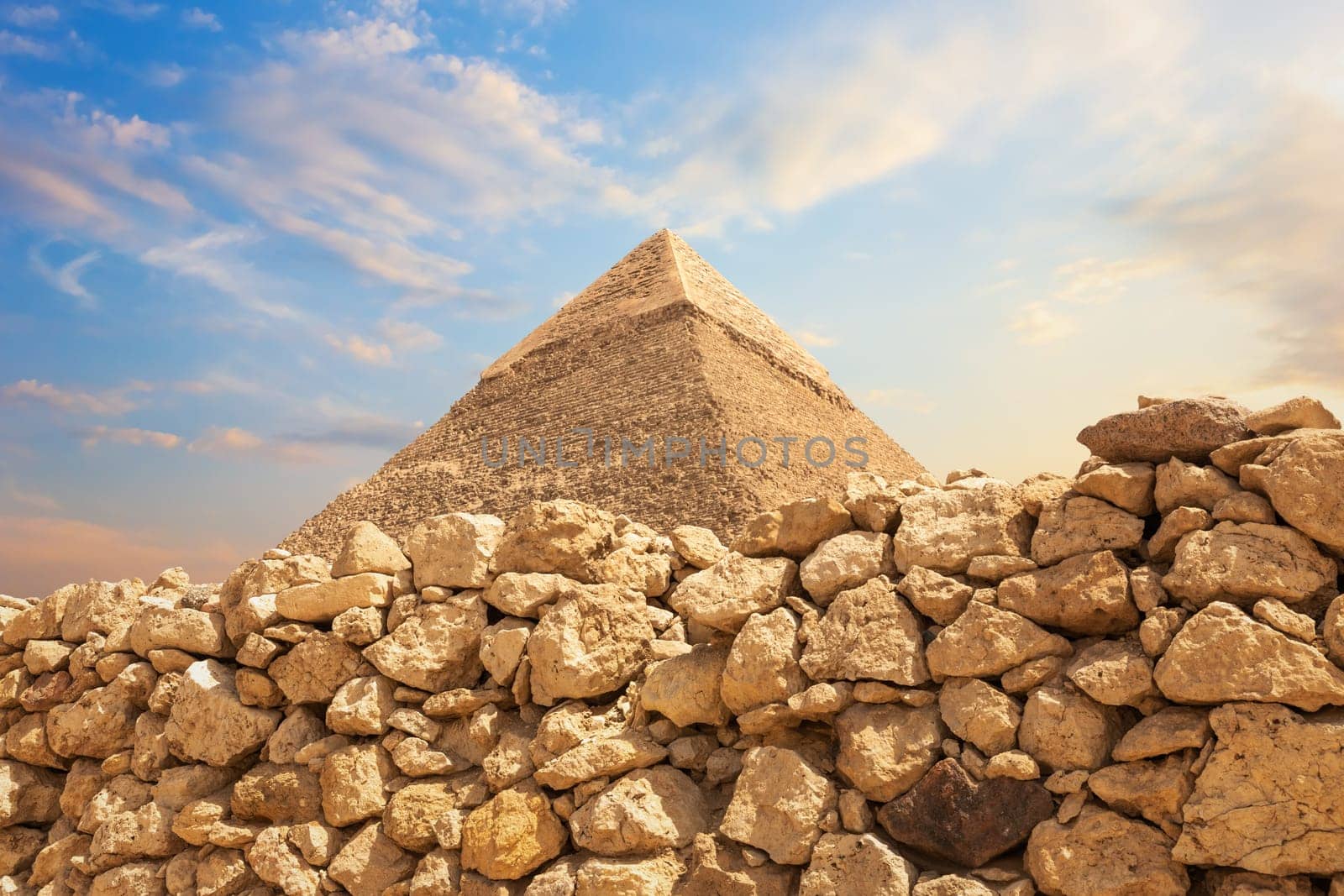 The Pyramid of Khafre in the stones of the Giza desert, Egypt.