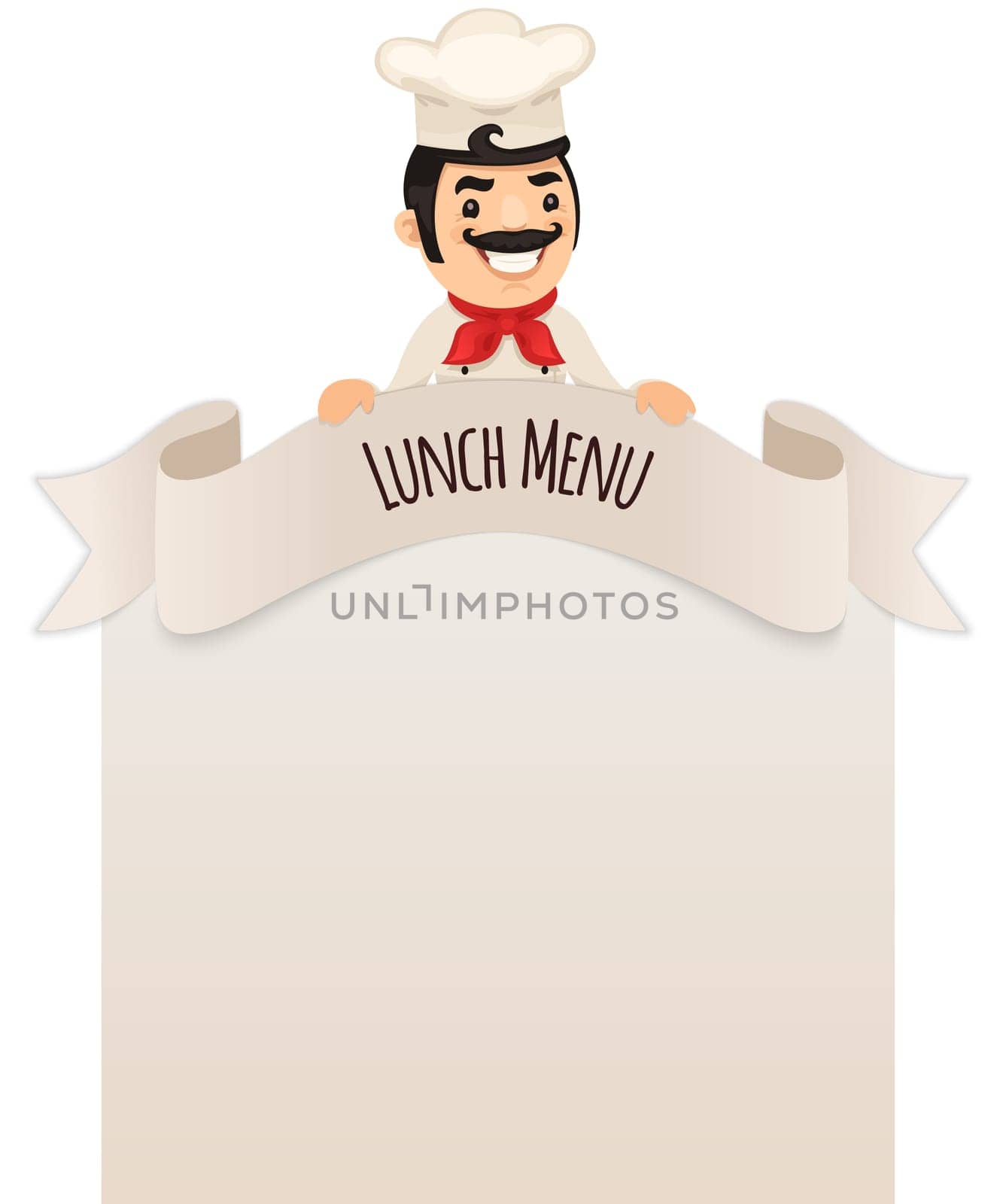 Chef Looking at Blank Menu on Top. In the EPS file, each element is grouped separately. Isolated on white background.