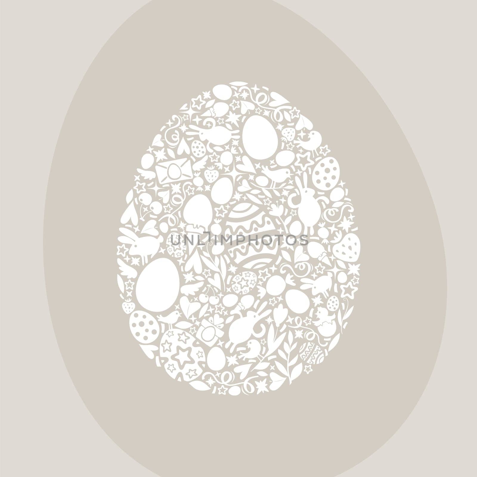 Easter Egg Card of White Objects on Beige Background. Easter Symbols