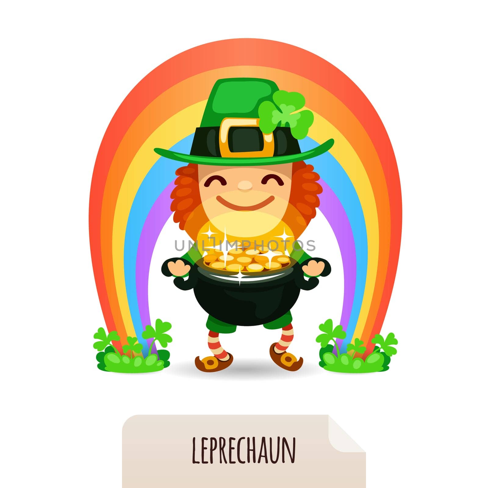Lucky Leprechaun with coins in front of a rainbow. In the EPS file, each element is grouped separately. Isolated on white background.