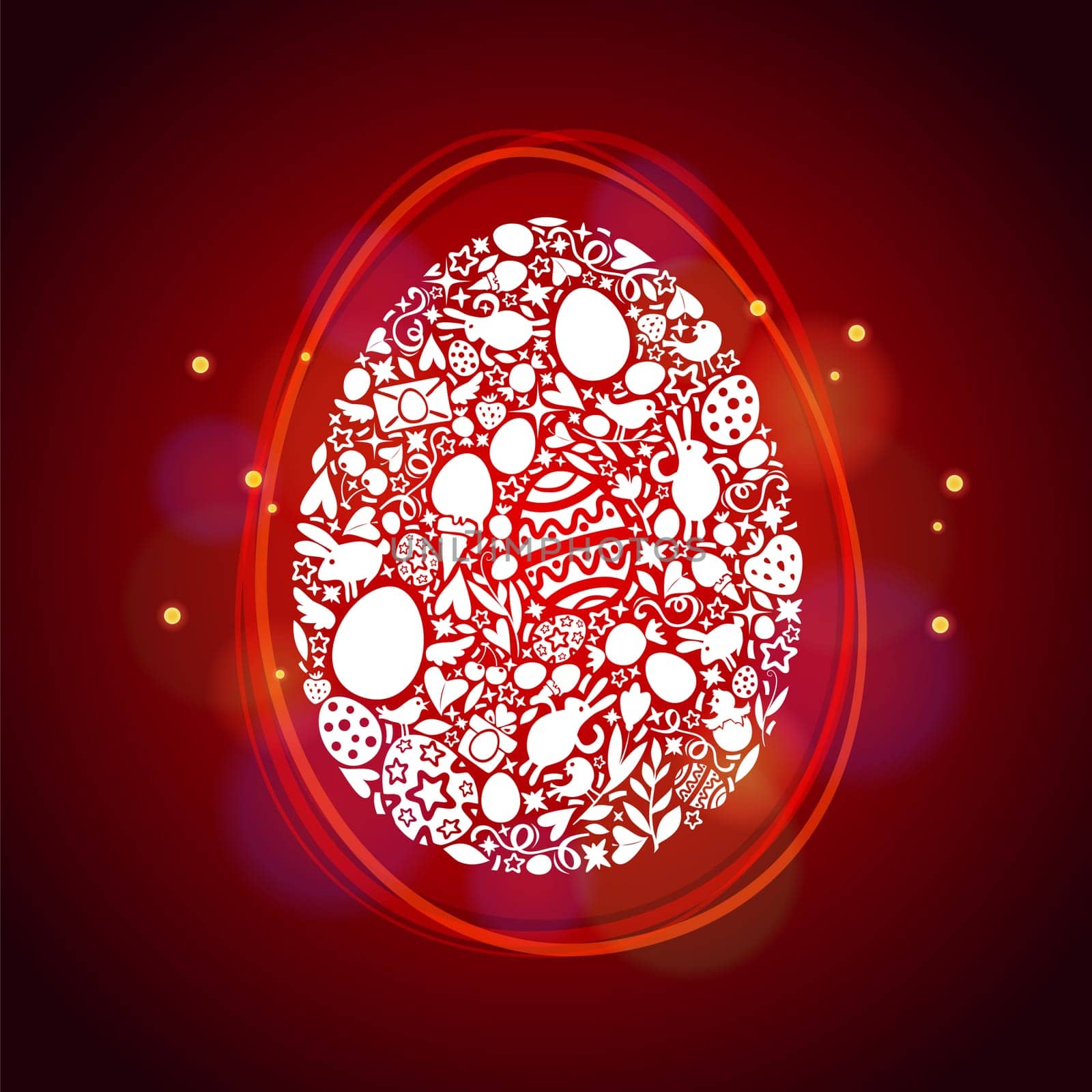 Easter Egg Card of White Objects on Dark Background. Easter symbols