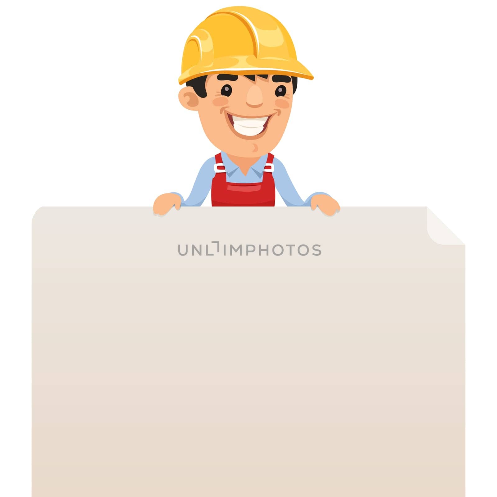 Builder looking at blank poster on top. In the EPS file, each element is grouped separately. Isolated on white background.