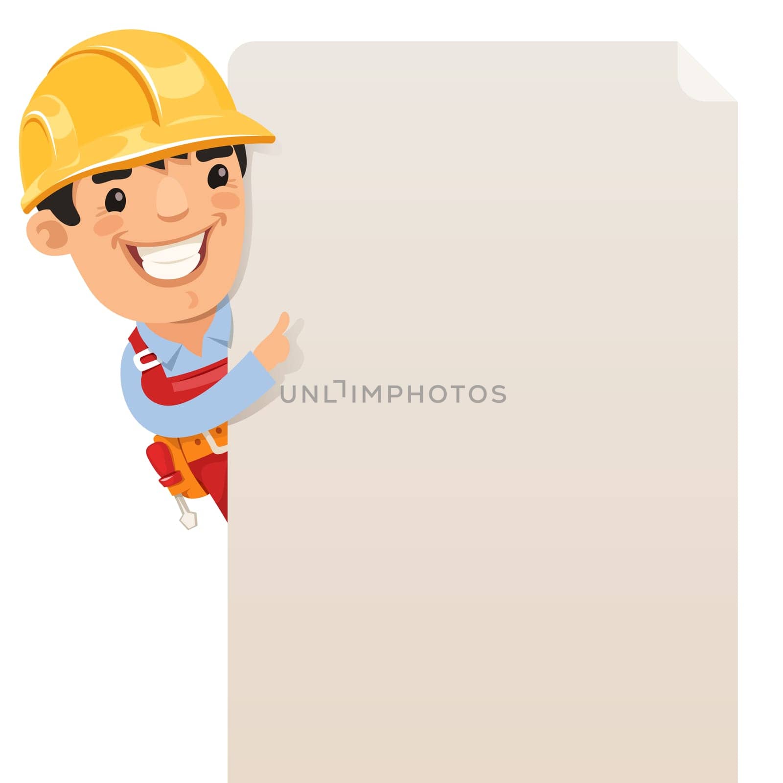Builder looking at blank poster. In the EPS file, each element is grouped separately. Isolated on white background.