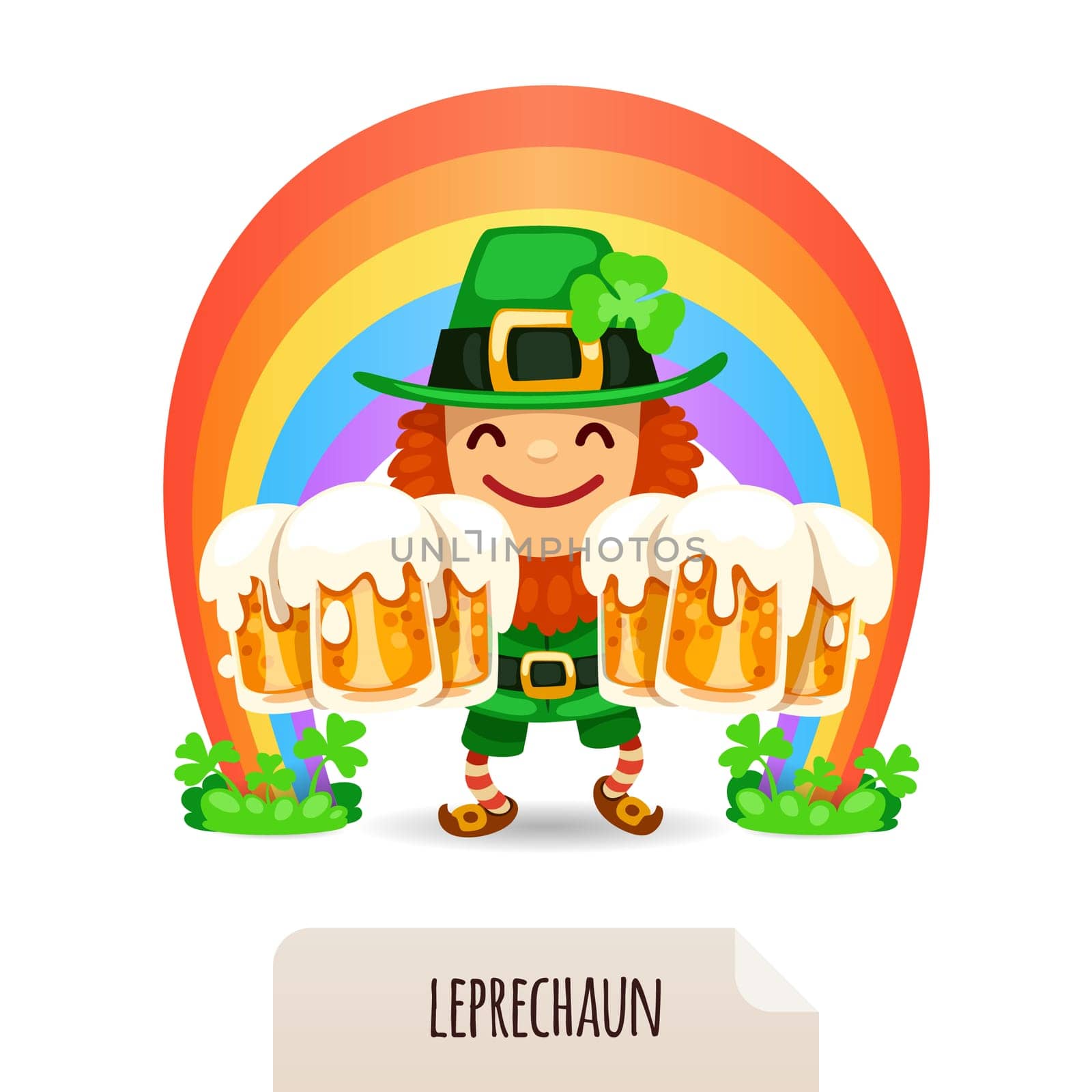 Lucky Leprechaun with a beer in front of a rainbow. In the EPS file, each element is grouped separately. Isolated on white background.