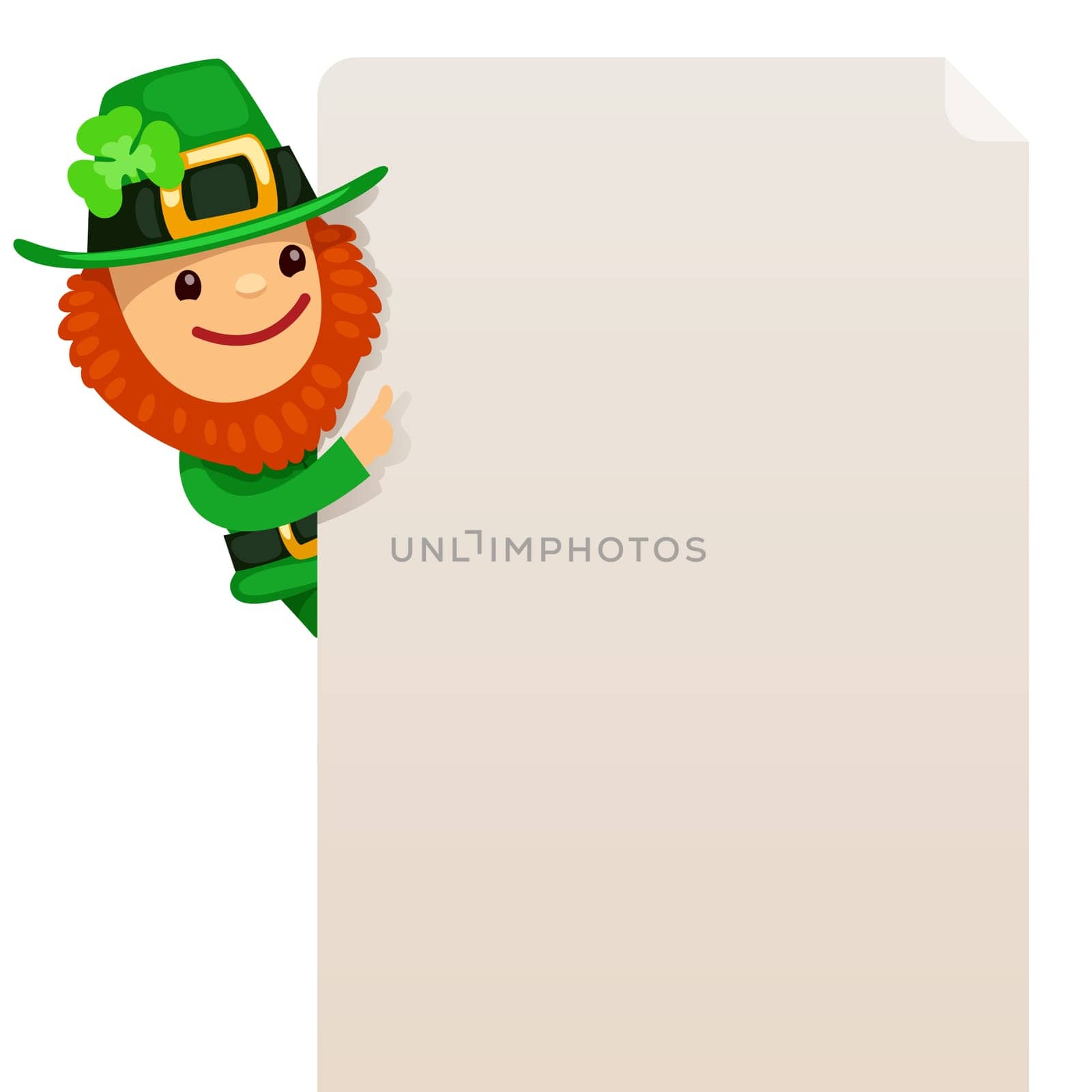 Leprechaun looking at blank poster. In the EPS file, each element is grouped separately. Isolated on white background.