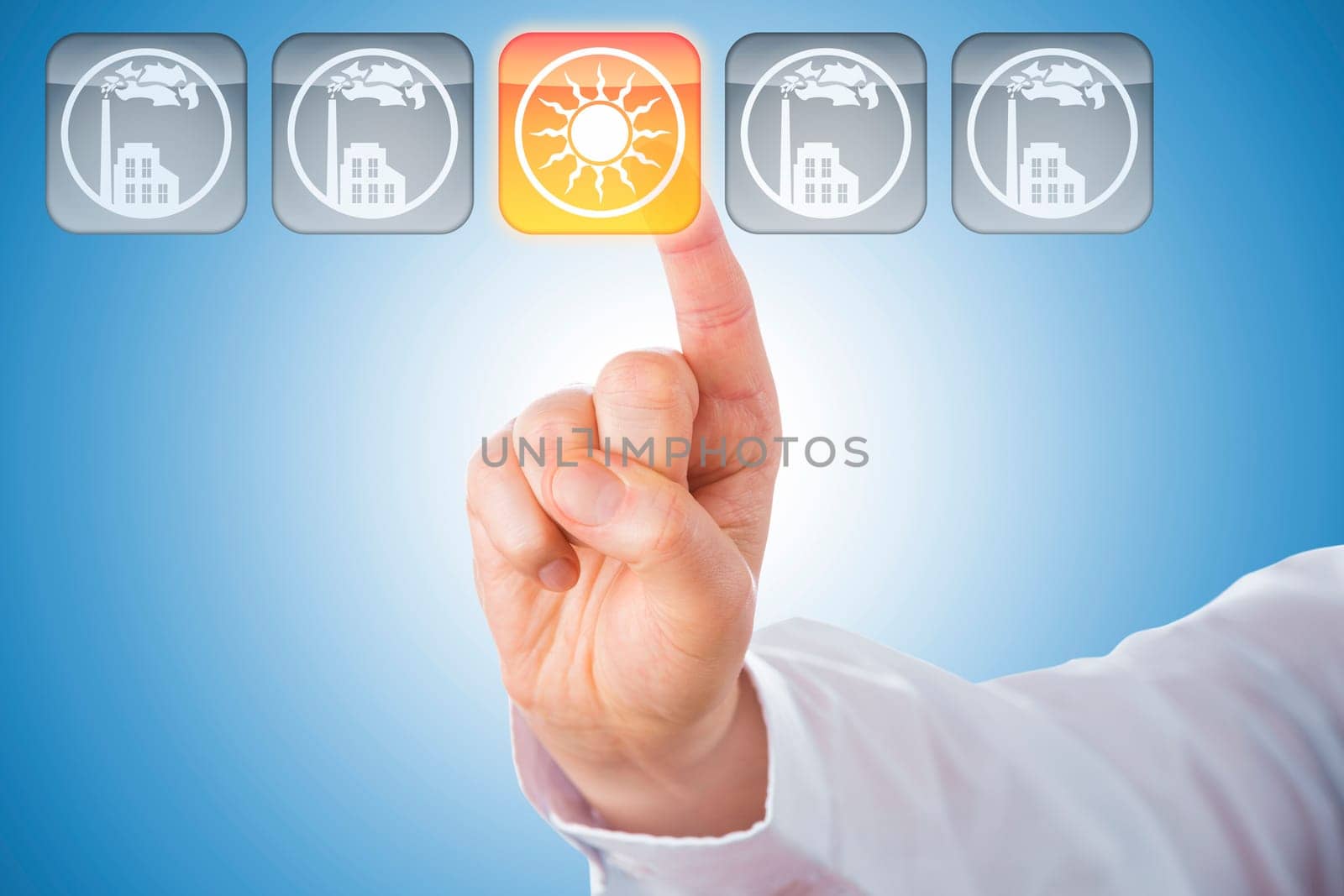 Close-up of a male index finger activating a yellow push button showing a solar energy icon. Four other keys with factory symbols do remain grey. Concept for energy turn. Blue background. Copy space.