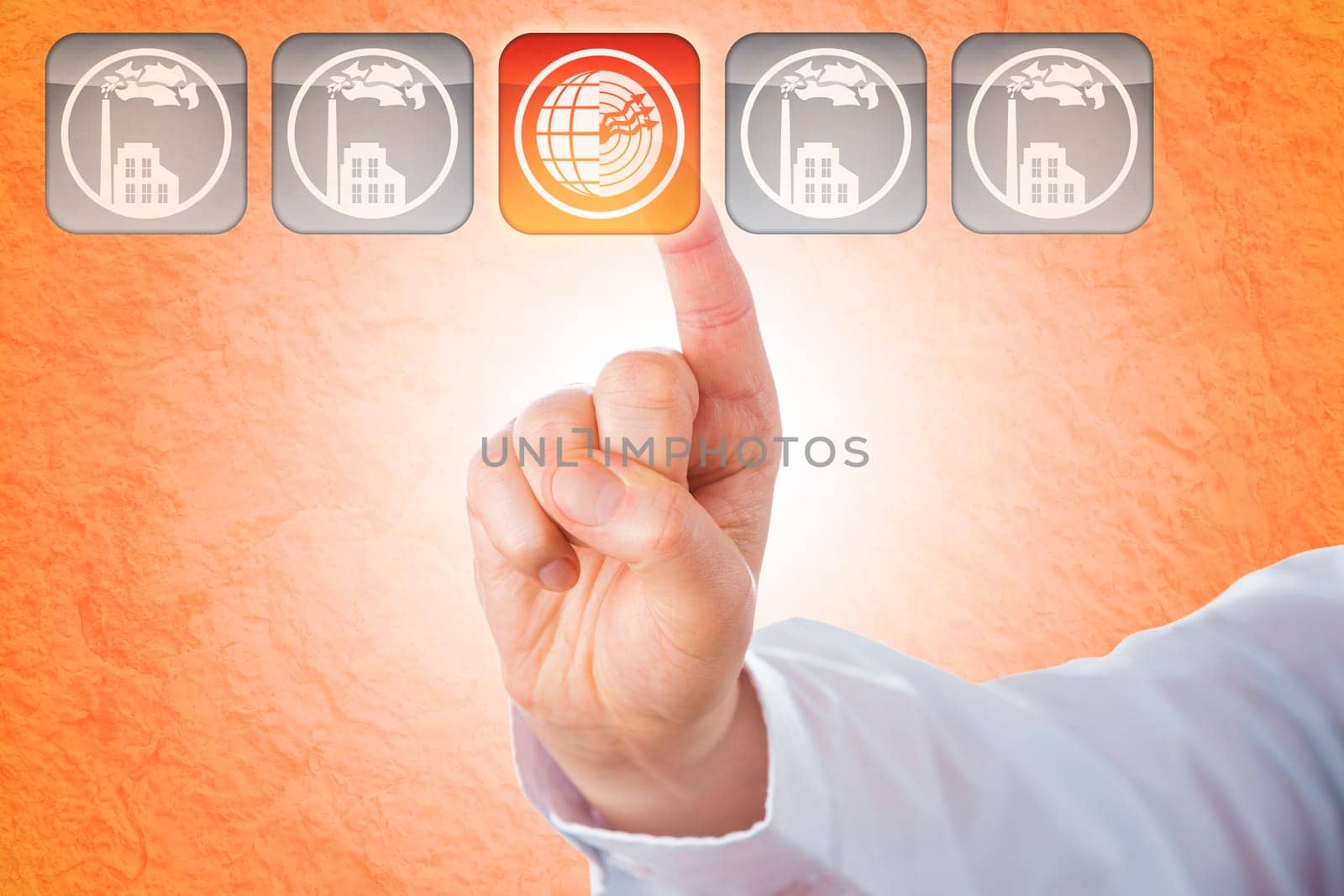 Close-up of an index finger highlighting a transparent push key showing a geothermal energy icon. Four grey keys with factory symbols remain grey. Background with texture of earth and subsurface soil.