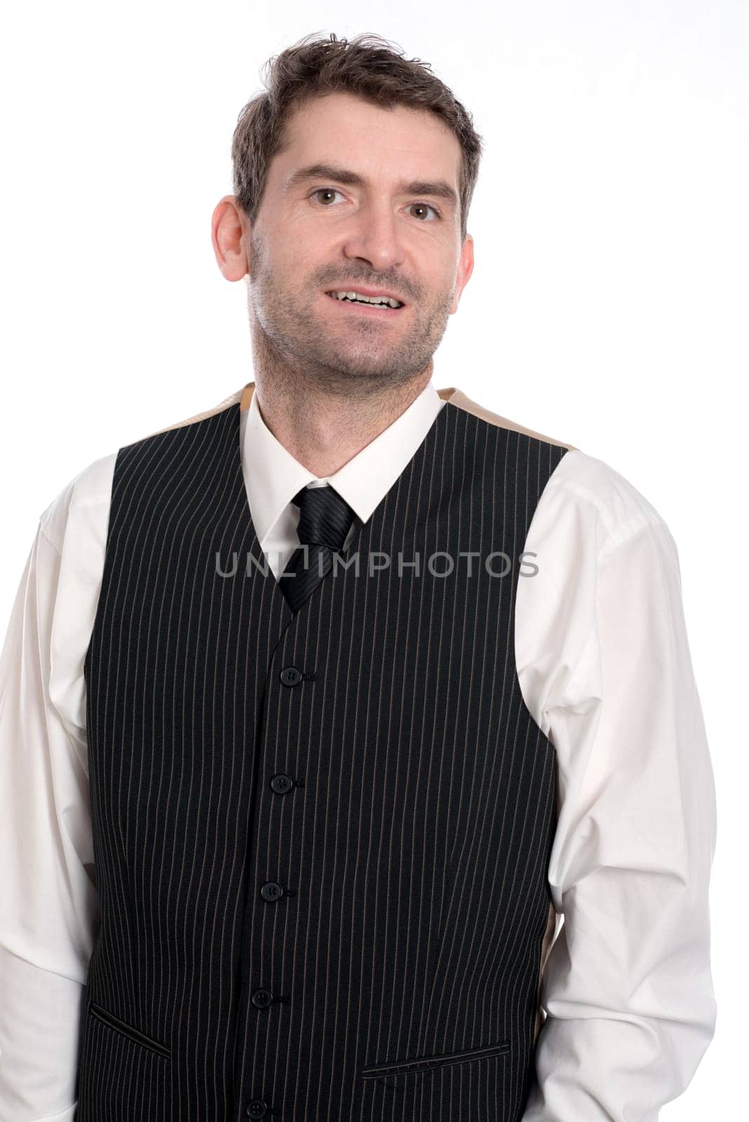 friendly young businessman in front of white background