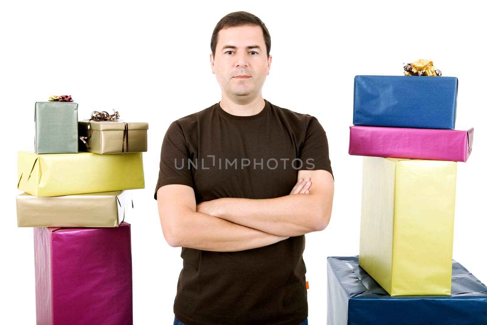 happy silly salesman with some boxes, isolated on white