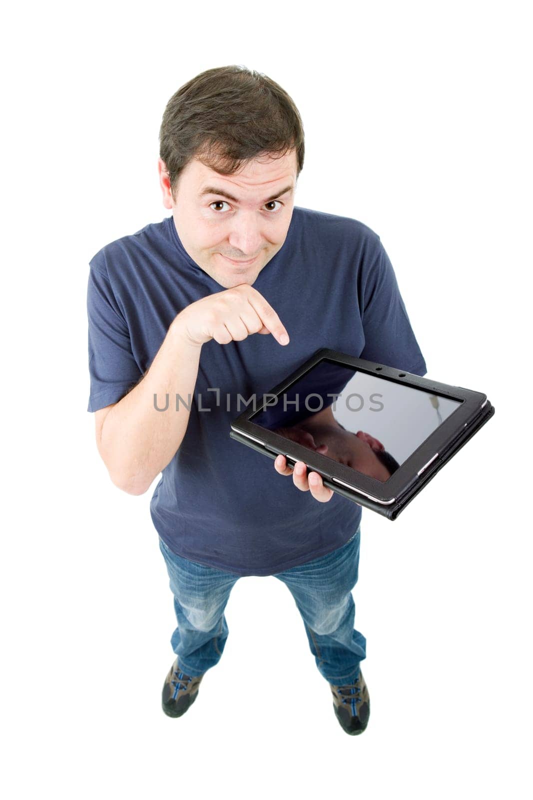 young casual man full body with a tablet, isolated