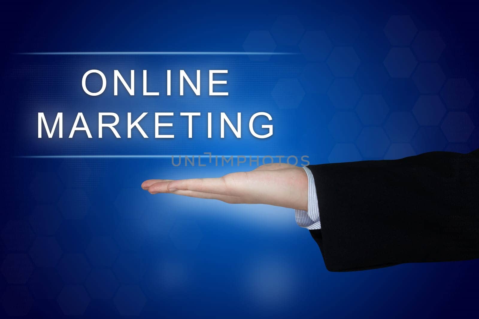 online marketing button with business hand on blue background