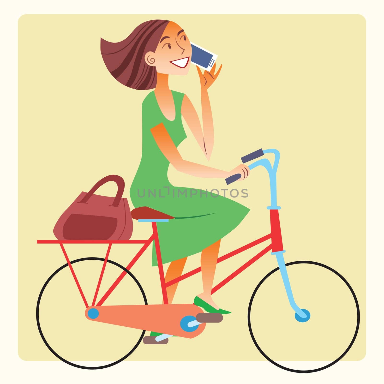 A healthy way of life. Young woman riding a bike and talking on the smartphone