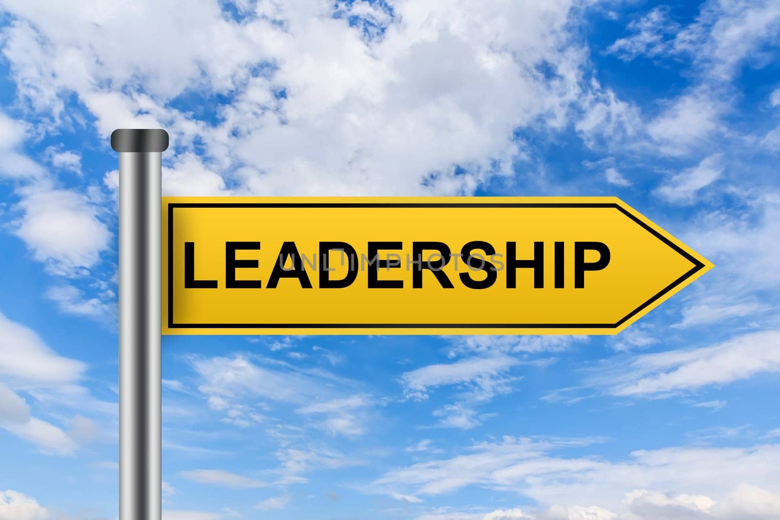 leadership words on yellow road sign on blue sky