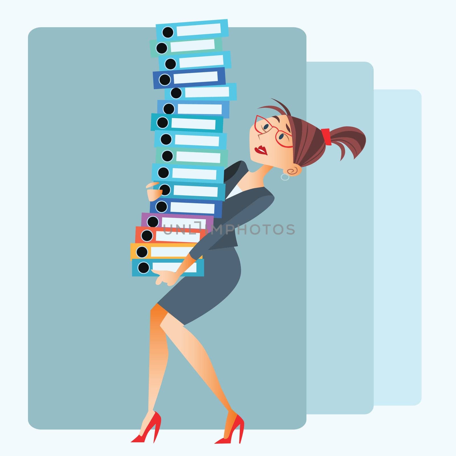 A young girl in the office carrying a stack of reports