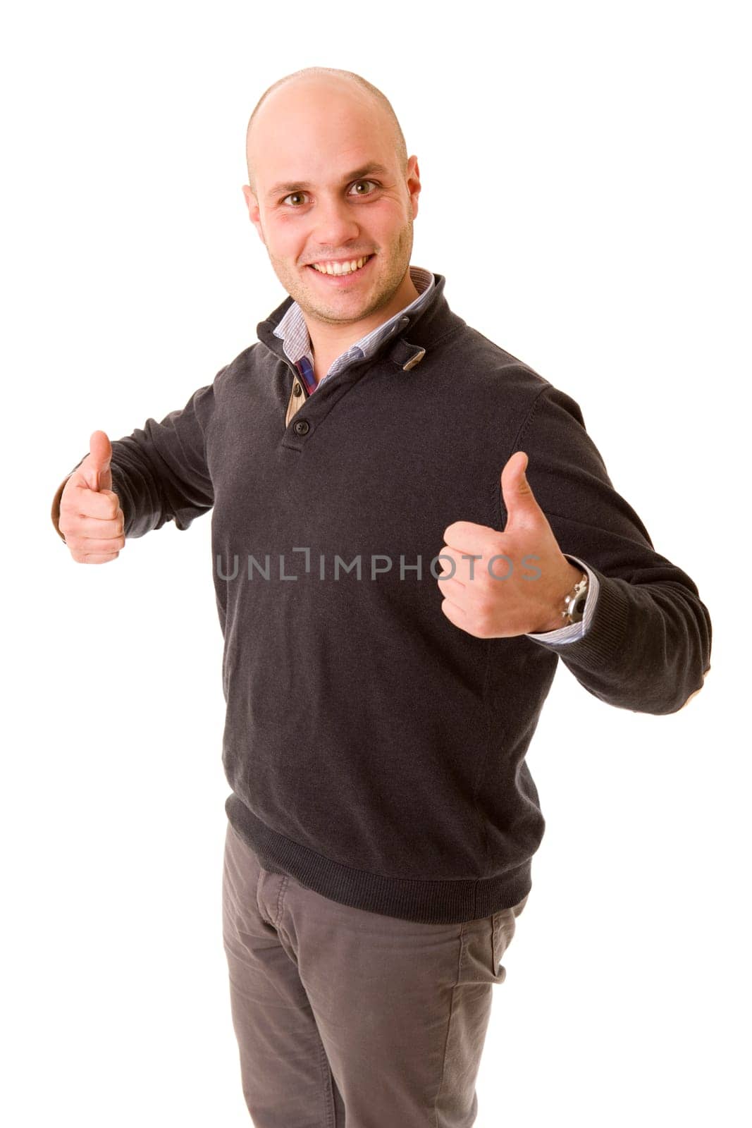 young casual man going thumb up, isolated on white